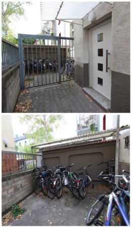 moderne Eingangstür und abgeschlossene Fahrrad-Stellplätze