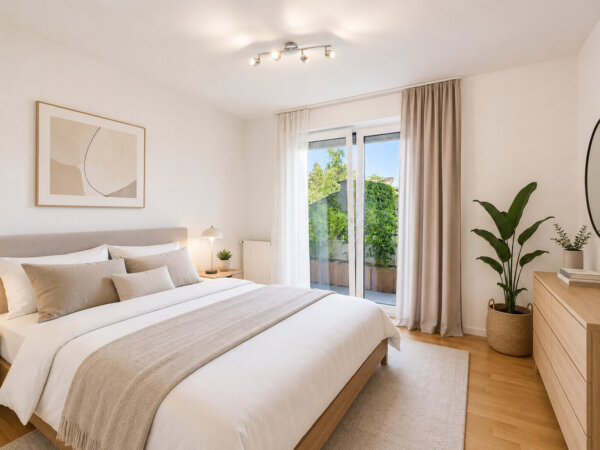 gemütliches Schlafzimmer mit Zugang zum Balkon