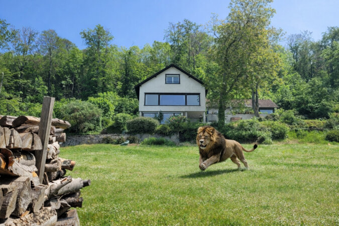 KI-Visualisierung - Löwe spielt auf dem großen Grundstück