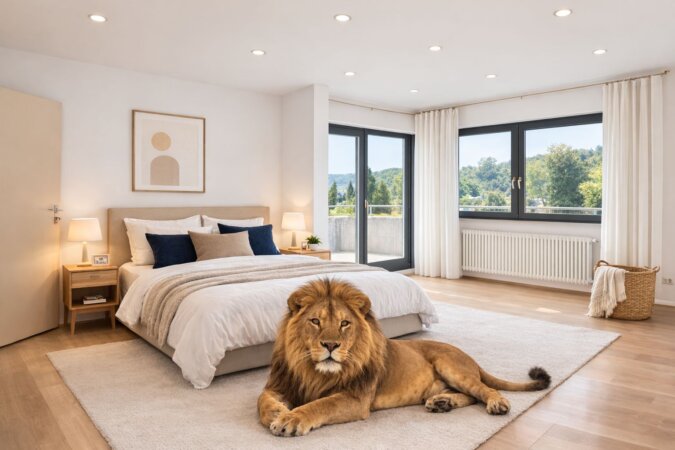 KI möbliertes Bild - gemütliches Elternschlafzimmer mit Balkonzugang