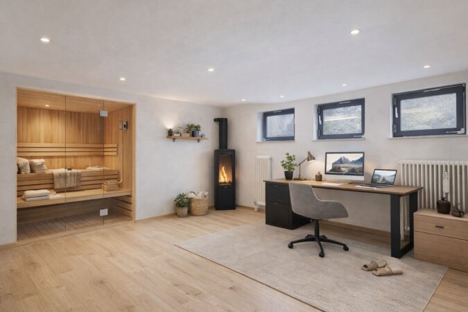 KI möbliertes Bild - in der Mittagspause mal in die Sauna