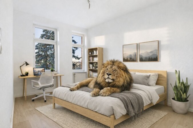 KI-möbliertes Bild - helle Zimmer mit Löwe