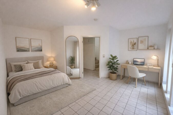 KI möbliertes Bild - Schlafzimmer im Souterrainbereich