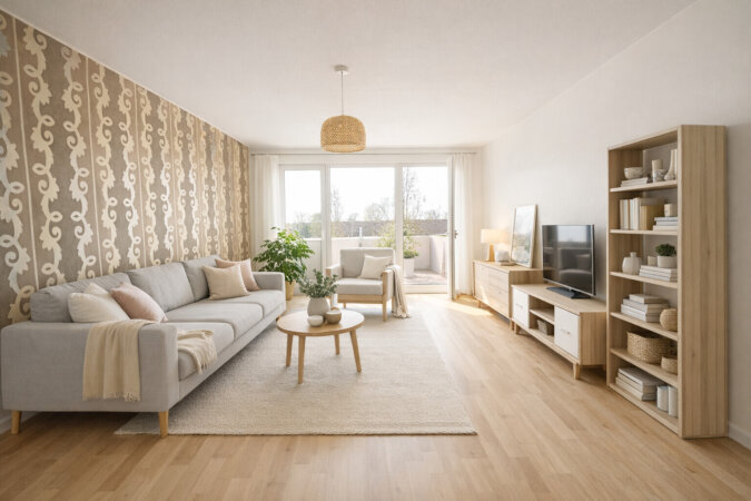 Visualisierung - Einrichtungsbeispiel großes Wohnzimmer mit Zugang zum Balkon