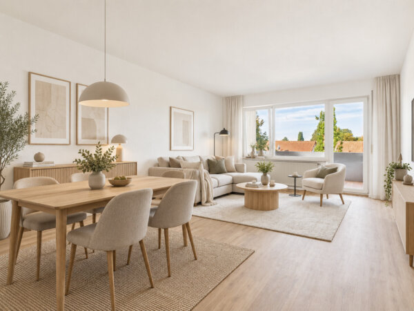 großzügiges Wohn-Esszimmer mit Zugang zum Balkon - Visualisierung Einrichtungsbeispiel