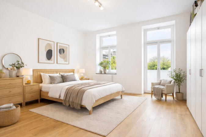 gemütliches Schlafzimmer mit Zugang zum Balkon