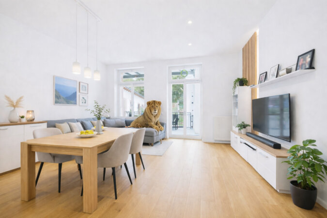 lichtdurchfluteter Wohnbereich mit Zugang zum Balkon und Platz für Esstisch