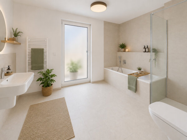 Tageslichtbad mit Dusche, Badewanne und Zugang zur Terrasse