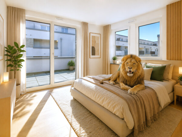 modernes Schlafzimmer mit Zugang zur Terrasse