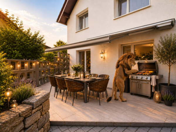 KI Visualisierung - gemütliche Terrasse mit Löwe
